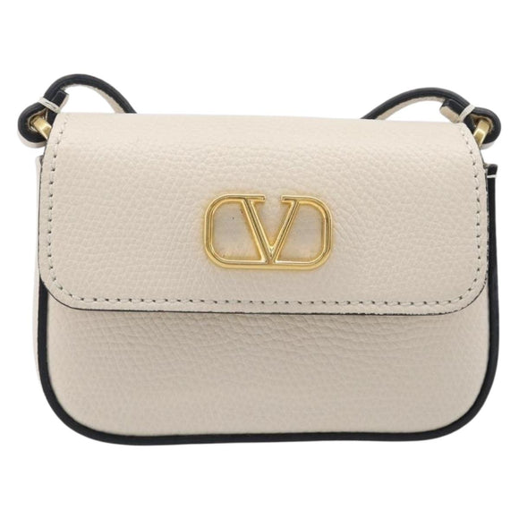 VALENTINO Shoulder Pouch Leather White Gold Tone Auth bs37147V