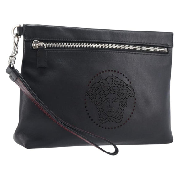 VERSACE Clutch Bag Leather Black Silver Auth bs37152A