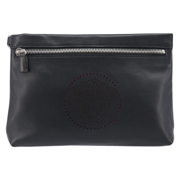 VERSACE Clutch Bag Leather Black Silver Auth bs37152A