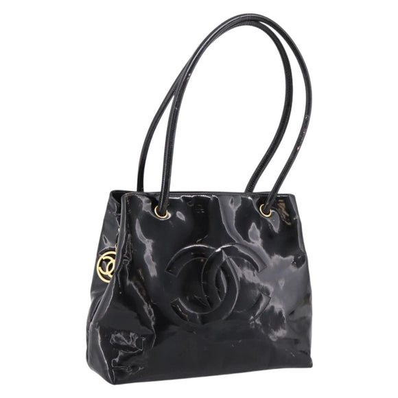 CHANEL COCO Mark Tote Bag Patent Black Gold Tone CC Auth bs37158