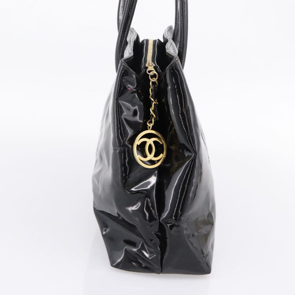 CHANEL COCO Mark Tote Bag Patent Black Gold Tone CC Auth bs37158