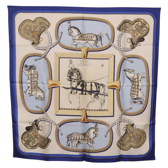 HERMES Carre 90 Scarf ”GRAND APPARAT” Silk Blue Auth bs37166