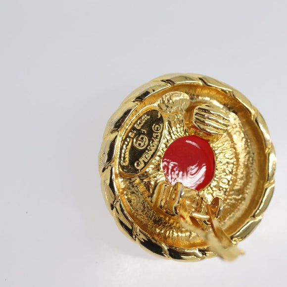 CHANEL Earring Metal Gold Tone Red CC Auth bs37169