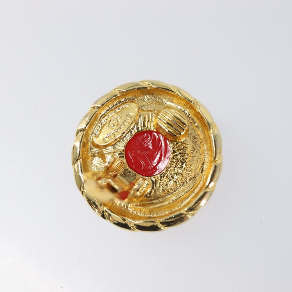 CHANEL Earring Metal Gold Tone Red CC Auth bs37169
