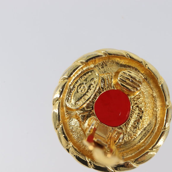 CHANEL Earring Metal Gold Tone Red CC Auth bs37169
