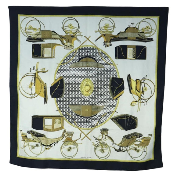 HERMES Carre 90 Scarf Silk Black White Auth bs37175