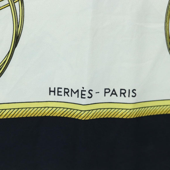 HERMES Carre 90 Scarf Silk Black White Auth bs37175