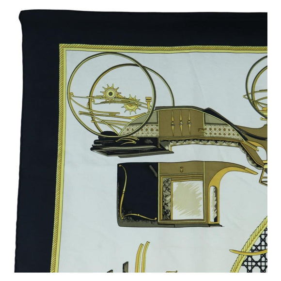 HERMES Carre 90 Scarf Silk Black White Auth bs37175