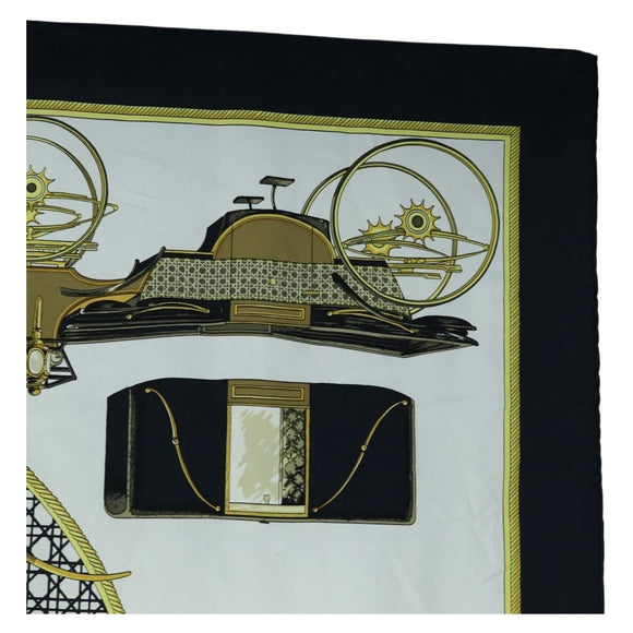 HERMES Carre 90 Scarf Silk Black White Auth bs37175