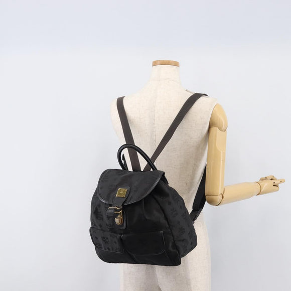 MCM Vicetos Logogram Backpack Nylon Black Gold Auth bs37198