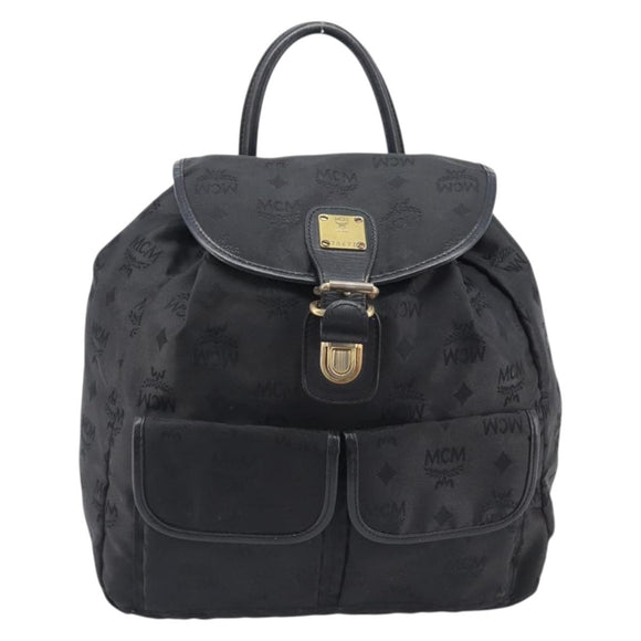 MCM Vicetos Logogram Backpack Nylon Black Gold Auth bs37198