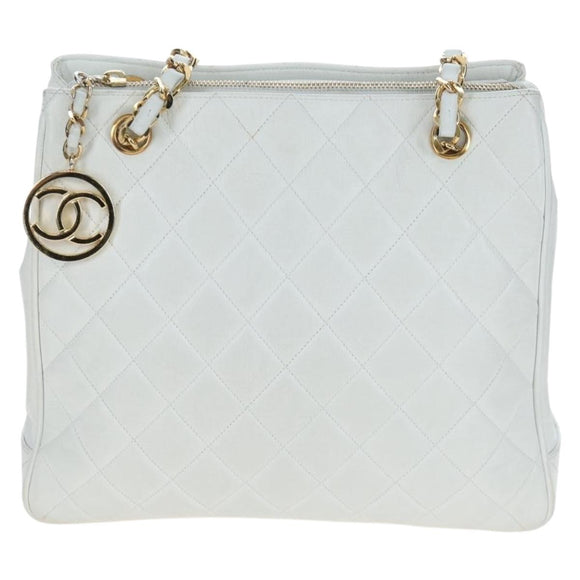 CHANEL Matelasse Chain Shoulder Bag Lamb Skin White Gold CC Auth bs37211
