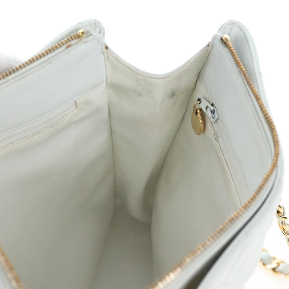 CHANEL Matelasse Chain Shoulder Bag Lamb Skin White Gold CC Auth bs37211