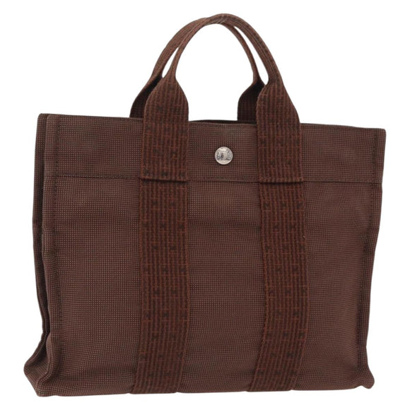 HERMES Her Line Tote PM Tote Bag Canvas Brown Silver Auth bs37214