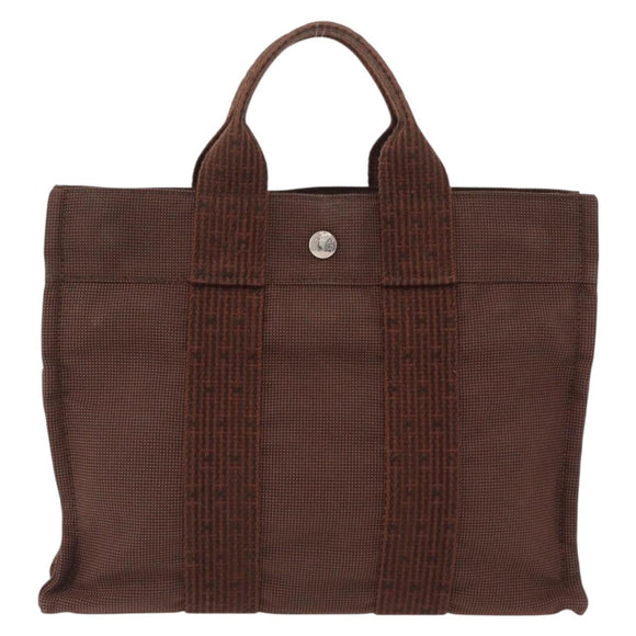 HERMES Her Line Tote PM Tote Bag Canvas Brown Silver Auth bs37214