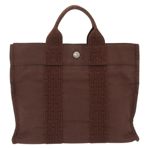 HERMES Her Line Tote PM Tote Bag Canvas Brown Silver Auth bs37214