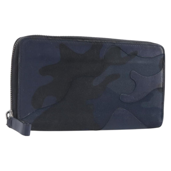 VALENTINO Long Wallet Canvas Navy Silver Auth bs37216
