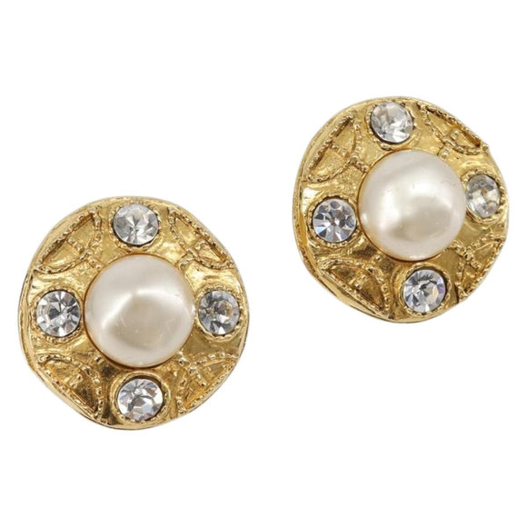 CHANEL Earring Metal Gold Tone White CC Auth bs37230