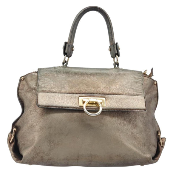 Salvatore Ferragamo Gancini Hand Bag Leather 2way Gold Auth bs37237