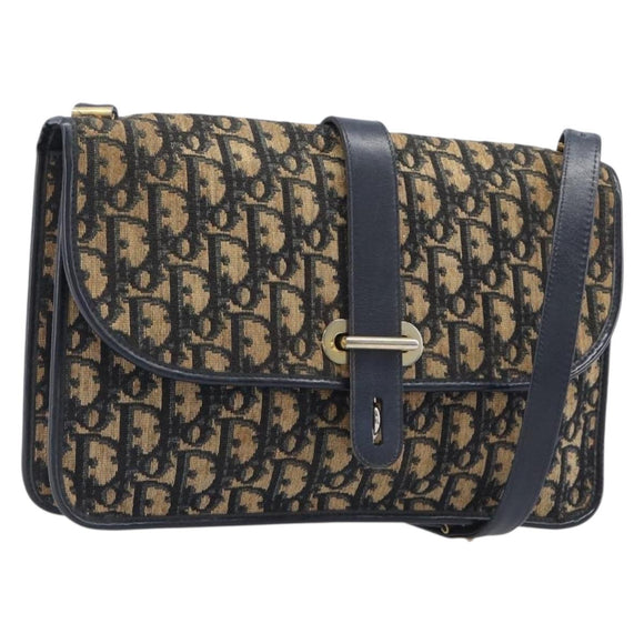 Christian Dior Trotter Canvas Shoulder Bag Navy Gold Tone Auth bs37239