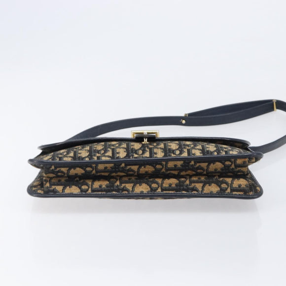 Christian Dior Trotter Canvas Shoulder Bag Navy Gold Tone Auth bs37239