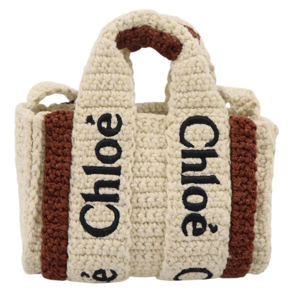 Chloe Woody Crochet Nano Tote Bag Cotton Beige Brown Auth bs37252A