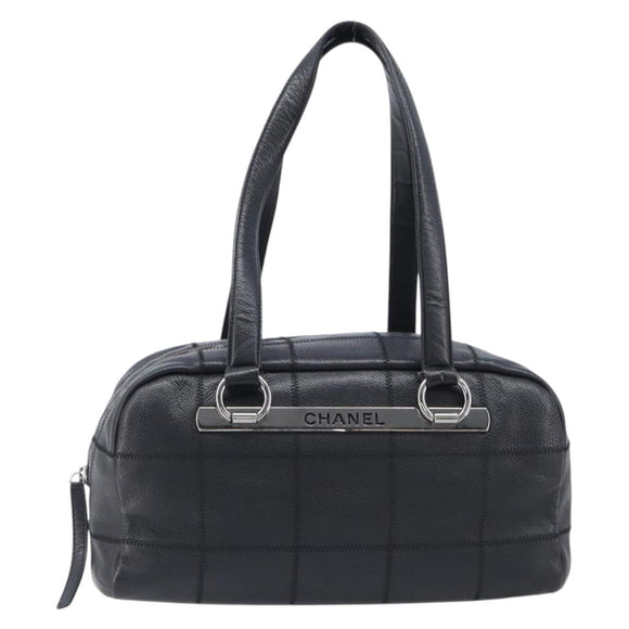 CHANEL Choco Bar Hand Bag Caviar Skin Black Silver CC Auth bs37256