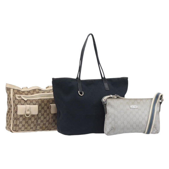 GUCCI GG Supreme Shoulder Bag 3 Set Beige Black Silver Auth bs37284