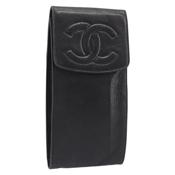 CHANEL Glasses Case Lamb Skin Dark Brown CC Auth bs37291
