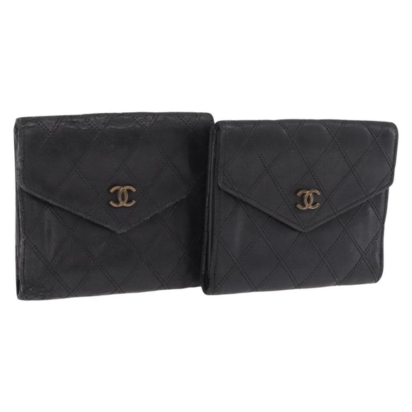 CHANEL Bicolore Wallet Leather 2 Set Black CC Auth bs37308
