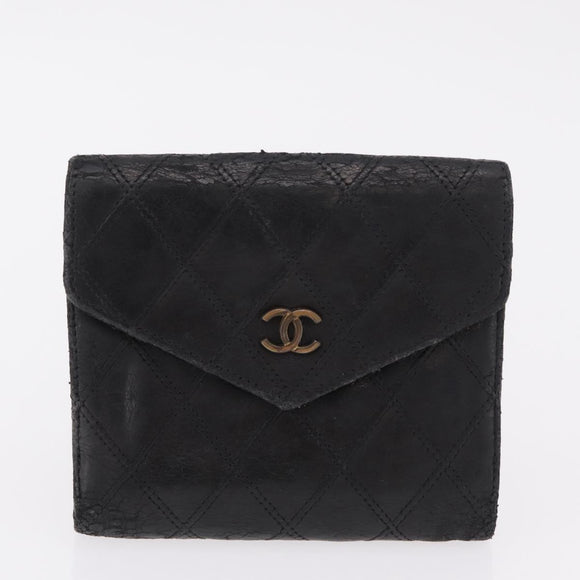 CHANEL Bicolore Wallet Leather 2 Set Black CC Auth bs37308