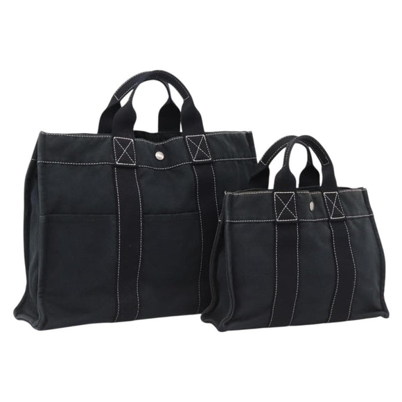 HERMES Hand Bag Canvas 2 Set Black Auth bs37312