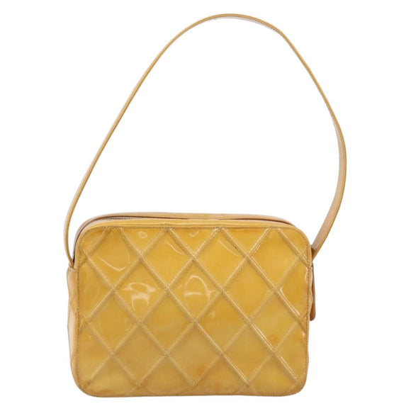 CHANEL Matelasse Shoulder Bag Patent leather Yellow Silver CC Auth bs37322