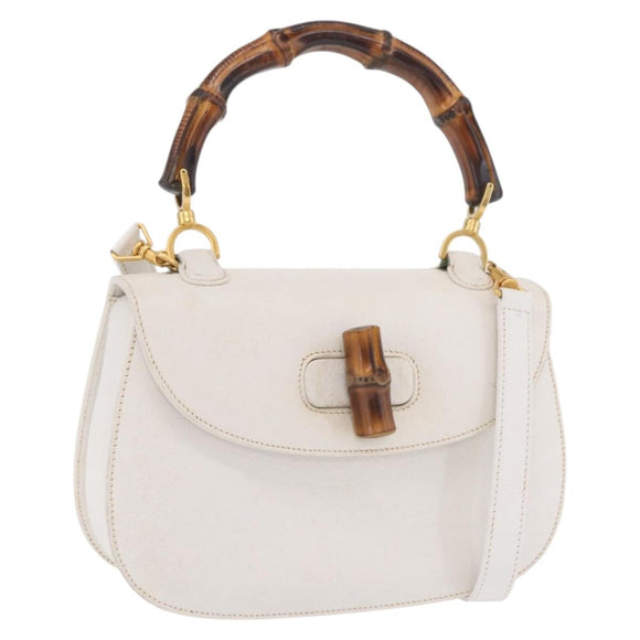 GUCCI Bamboo Hand Bag Leather 2way White Gold 000 2029 0633 Auth bs37338A