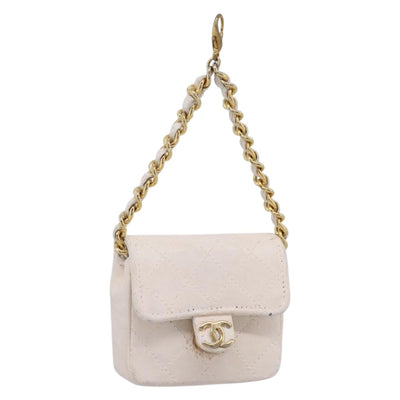 CHANEL Matelasse Charm Lamb Skin White Beige CC Auth bs37343