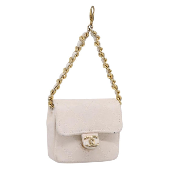 CHANEL Matelasse Charm Lamb Skin White Beige CC Auth bs37343