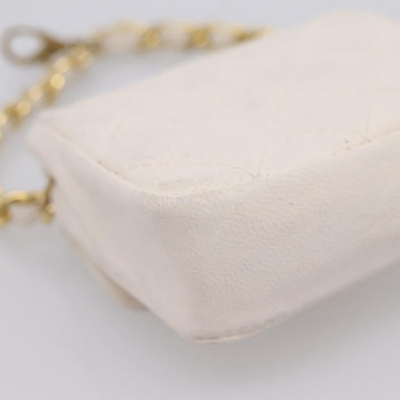 CHANEL Matelasse Charm Lamb Skin White Beige CC Auth bs37343