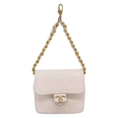 CHANEL Matelasse Charm Lamb Skin White Beige CC Auth bs37343 - 0