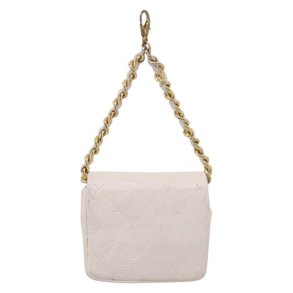 CHANEL Matelasse Charm Lamb Skin White Beige CC Auth bs37343