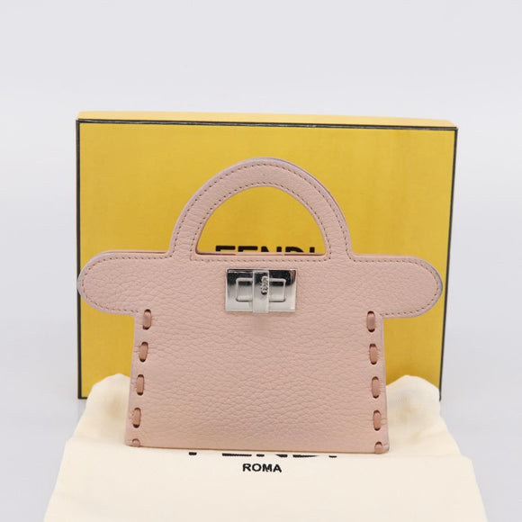 FENDI Peek A Boo Selleria Card Case Leather Pink Silver Auth bs37387M