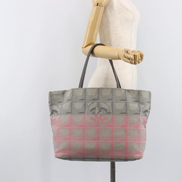 CHANEL New Travel Line Tote Bag Canvas Gray Silver CC Auth bs37392A