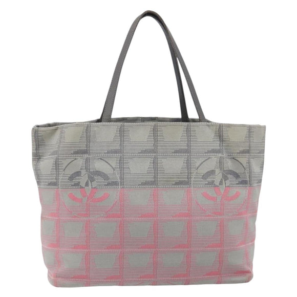 CHANEL New Travel Line Tote Bag Canvas Gray Silver CC Auth bs37392A