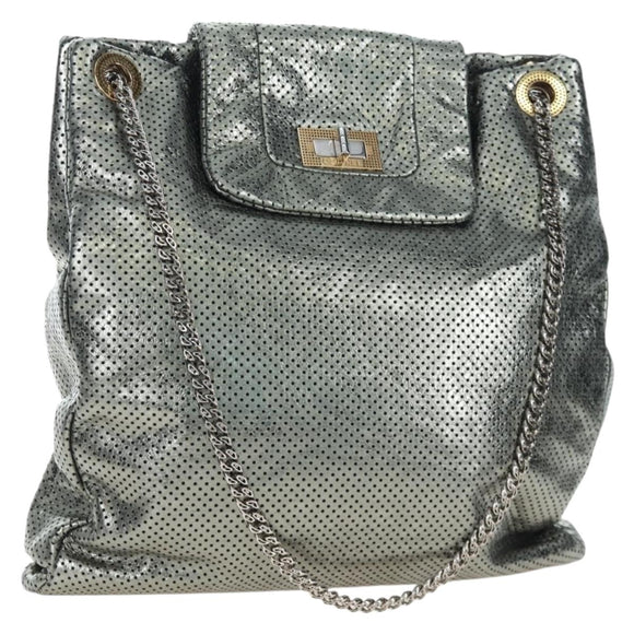 CHANEL 2.55 Chain Shoulder Bag Punching Leather Green Silver CC Auth bs37393V