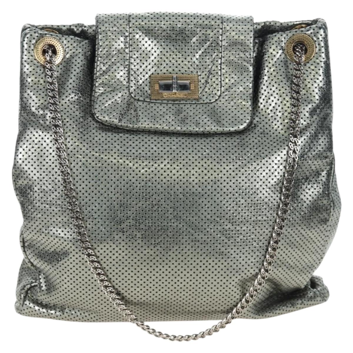 CHANEL 2.55 Chain Shoulder Bag Punching Leather Green Silver CC