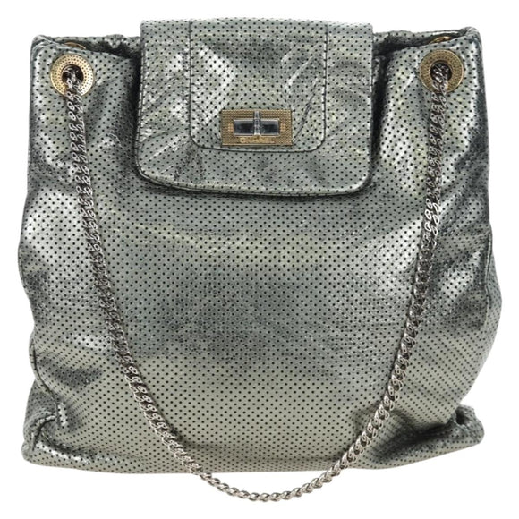 CHANEL 2.55 Chain Shoulder Bag Punching Leather Green Silver CC Auth bs37393V