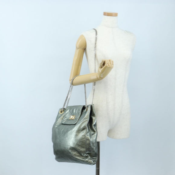 CHANEL 2.55 Chain Shoulder Bag Punching Leather Green Silver CC Auth bs37393V