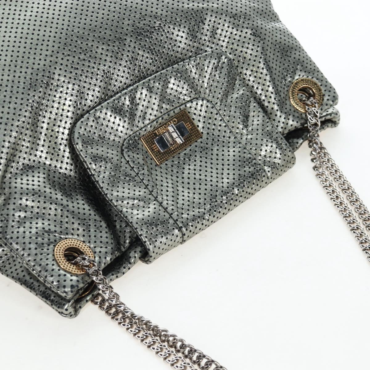 CHANEL 2.55 Chain Shoulder Bag Punching Leather Green Silver CC
