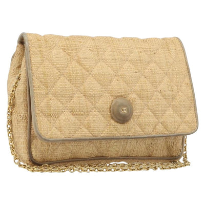 CHANEL Matelasse Chain Shoulder Bag Raffia Beige Gold CC Auth bs37394
