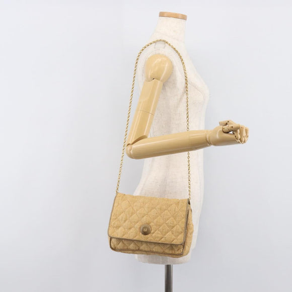 CHANEL Matelasse Chain Shoulder Bag Raffia Beige Gold CC Auth bs37394