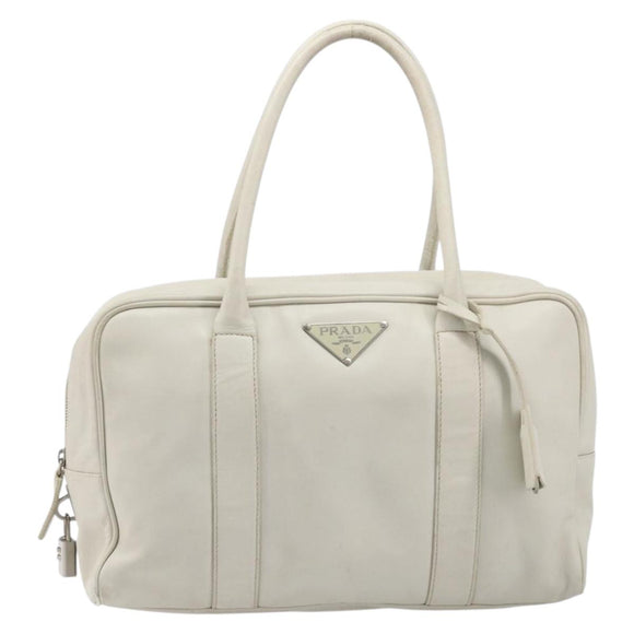 PRADA Tote Bag Leather White Silver Auth bs37404